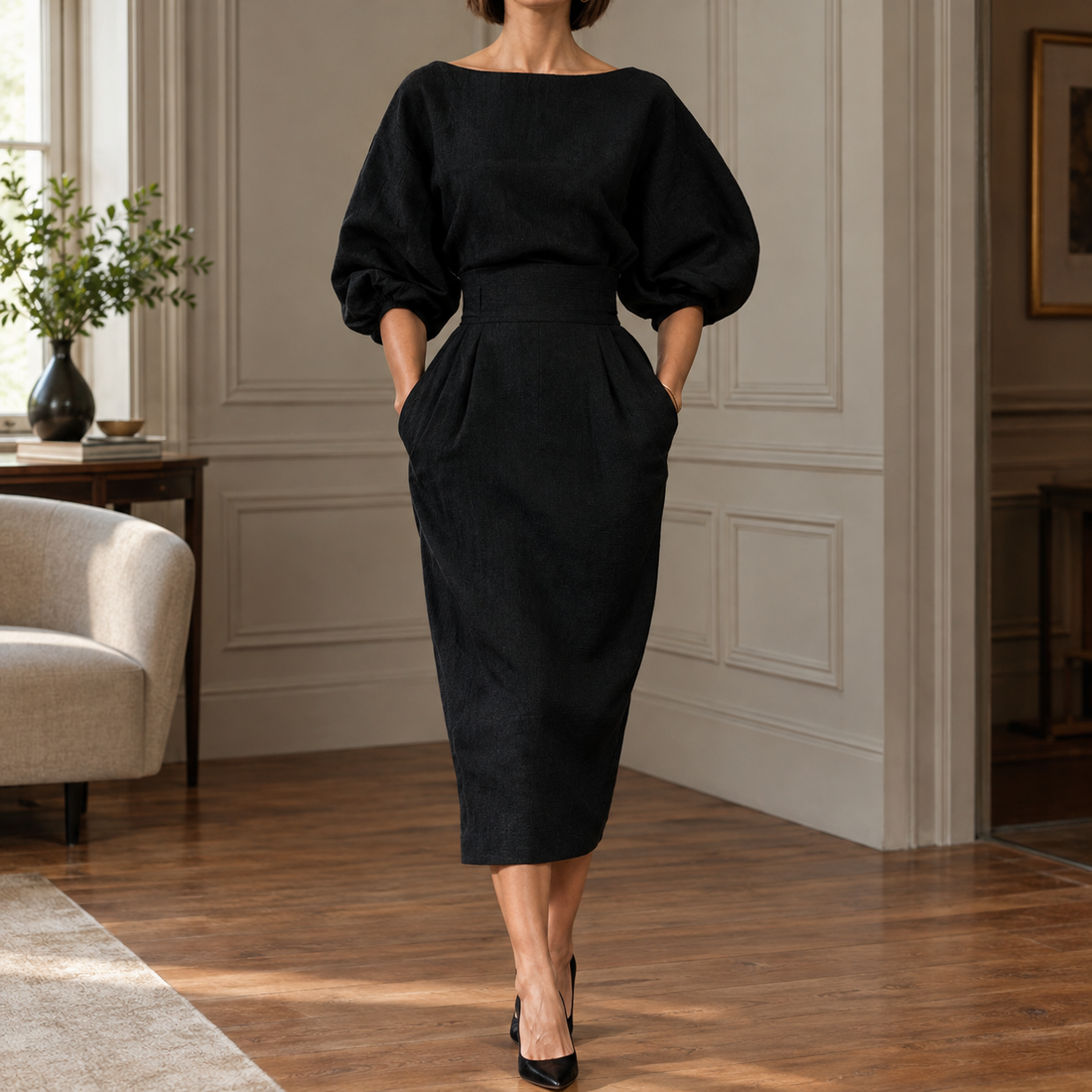 Seraphina Sculpted Midi Dress - Black