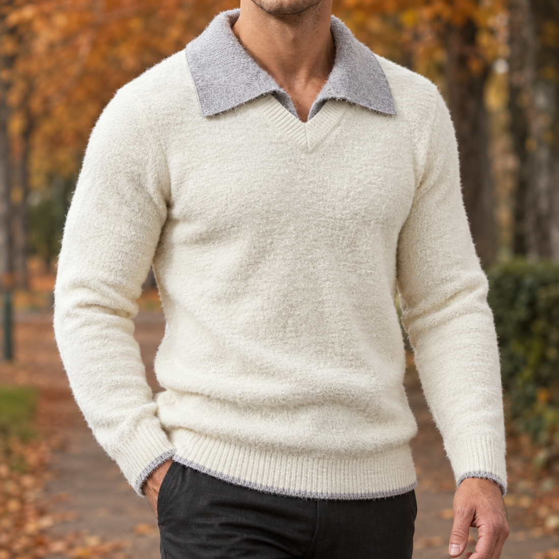 Elliot Contrast Collar Sweater - Off White