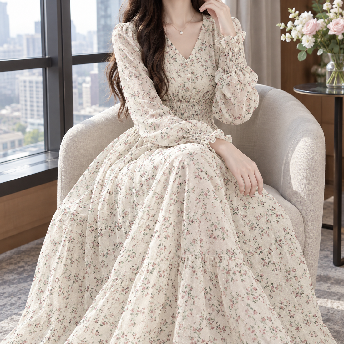 Ruby Smocked Maxi Dress - Beige
