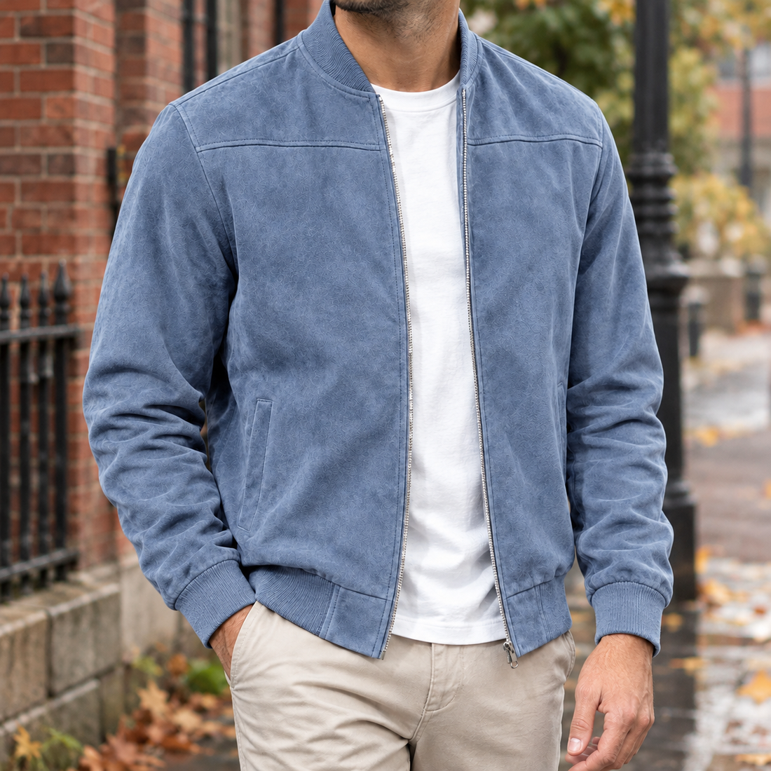 Leander Suede Bomber Jacket - Denim Blue