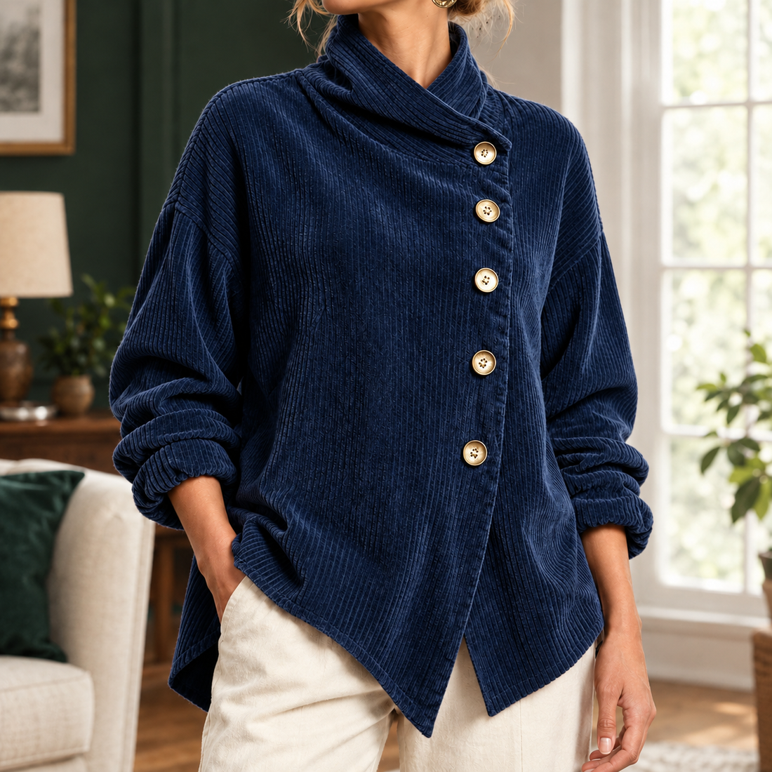 Paige Asymmetric Corduroy Top - Navy Blue