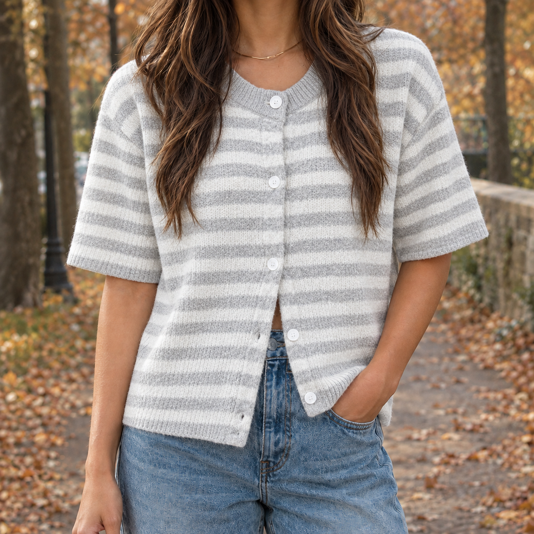 Eloise Ribbed Cardigan - Gray Stripes