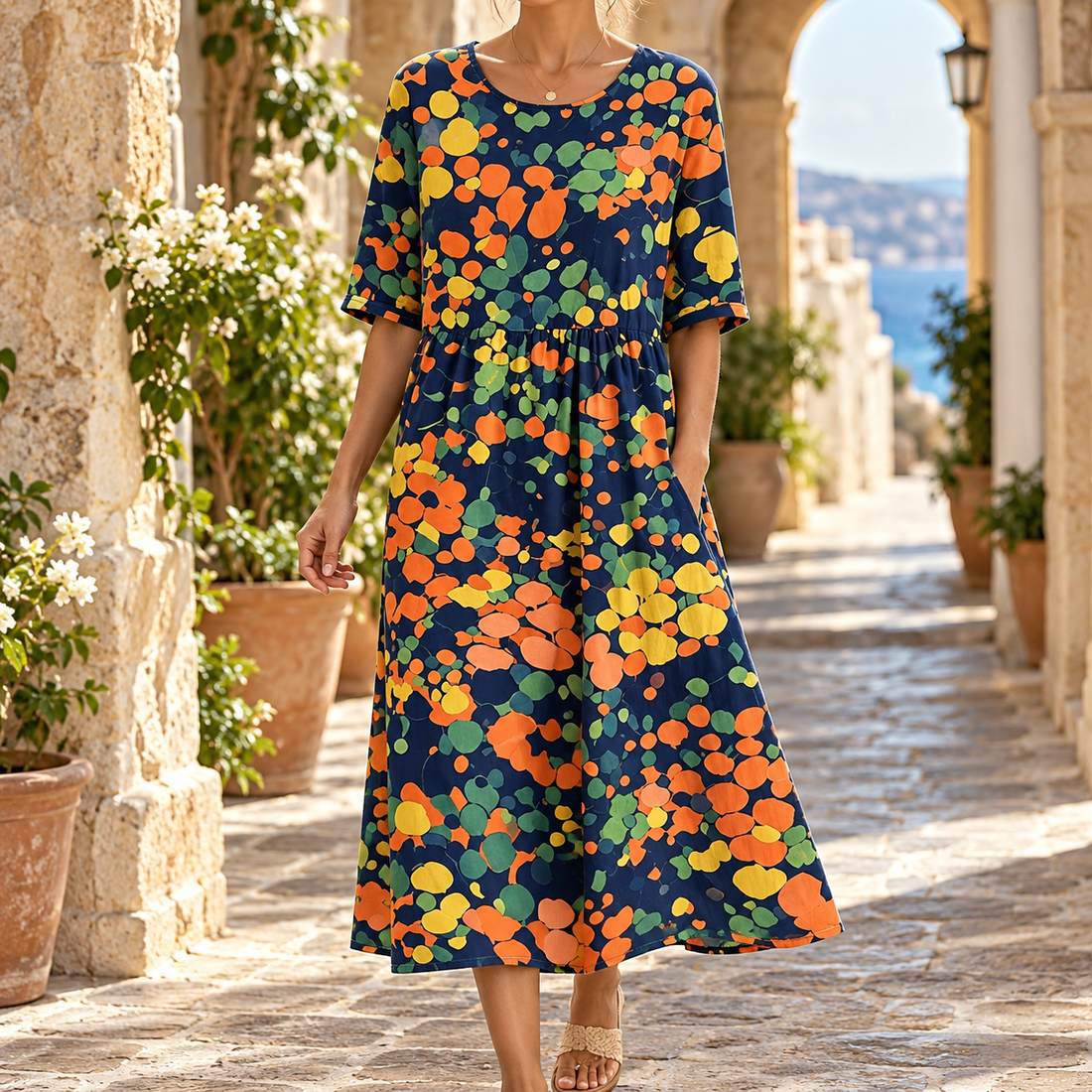 Marissa Gathered Midi Dress - Navy Multicolour