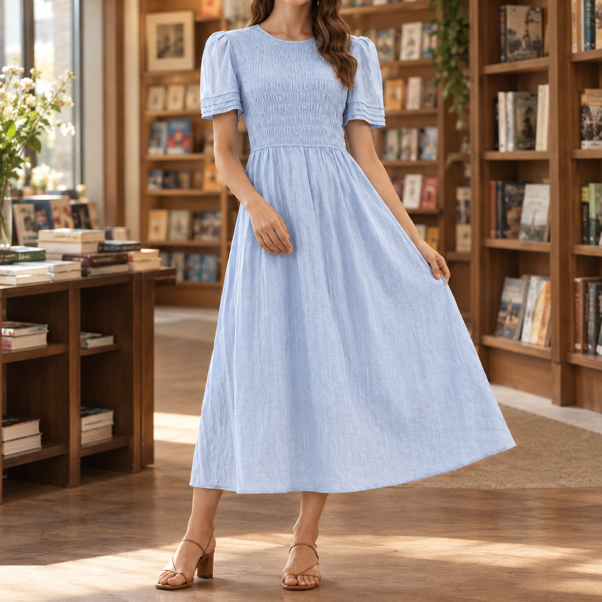 Anouska Smocked Midi Dress - Blue