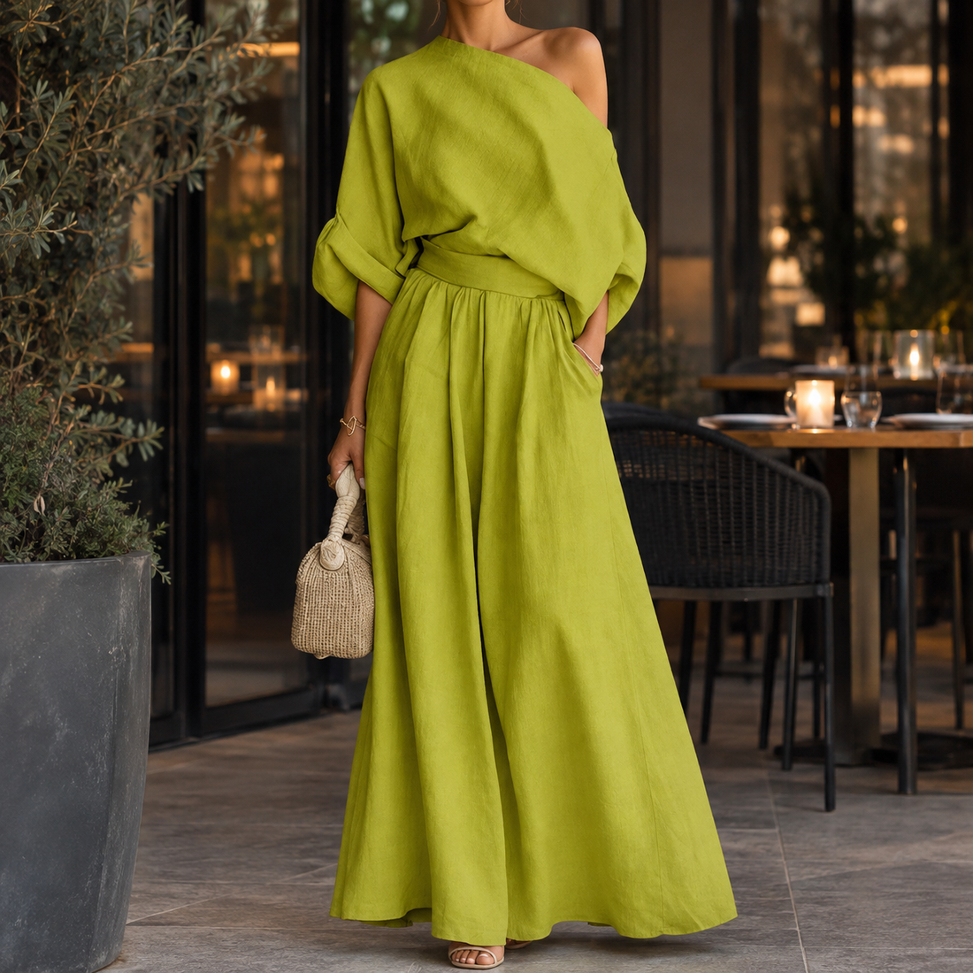 Georgina One-Shoulder Set - Yellow Green