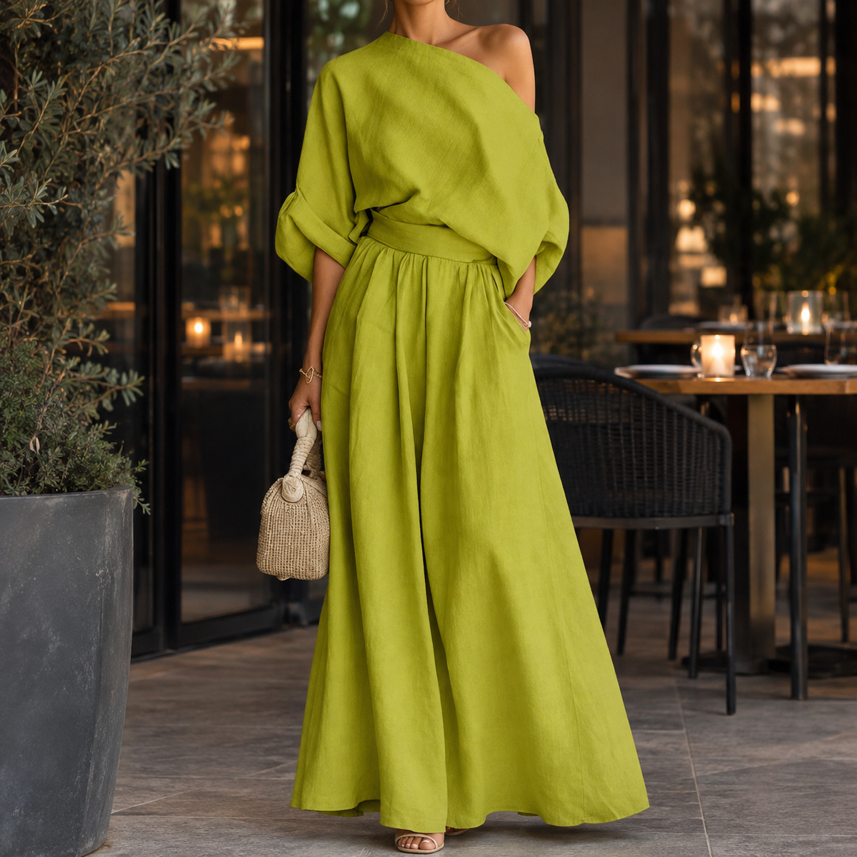 Georgina One-Shoulder Set - Yellow Green