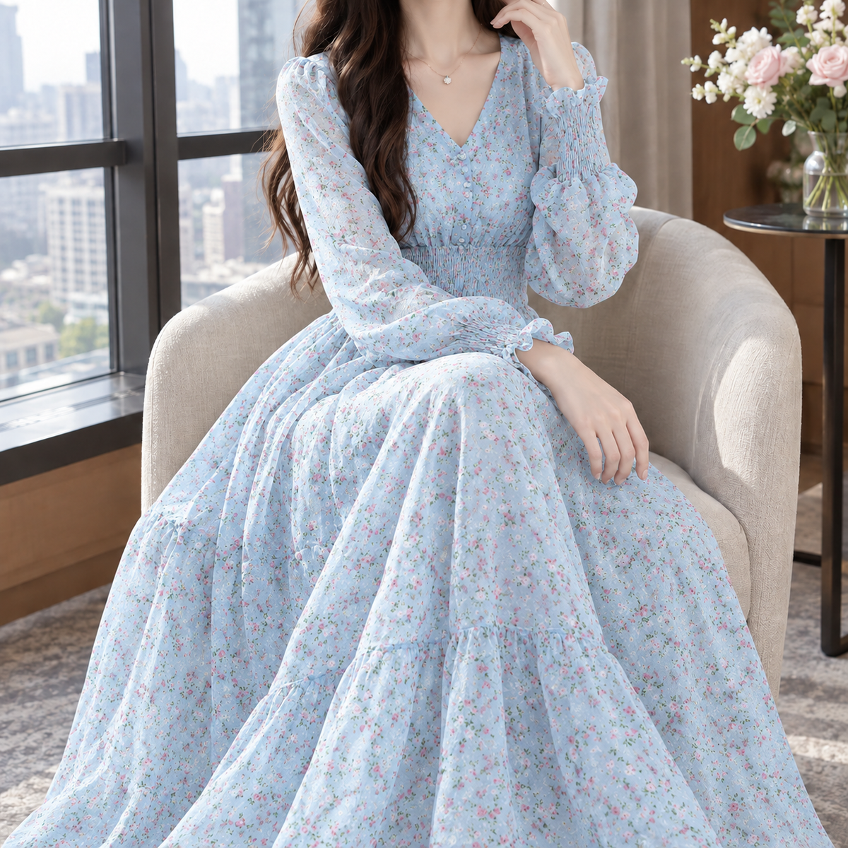 Ruby Smocked Maxi Dress - Light Blue