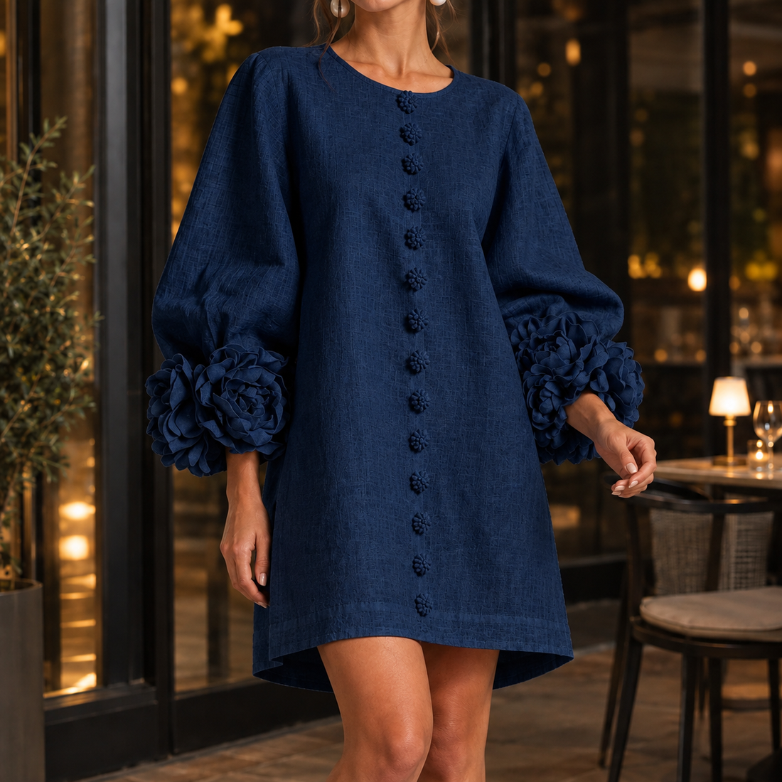 Severine Floral Cuff Dress - Navy Blue