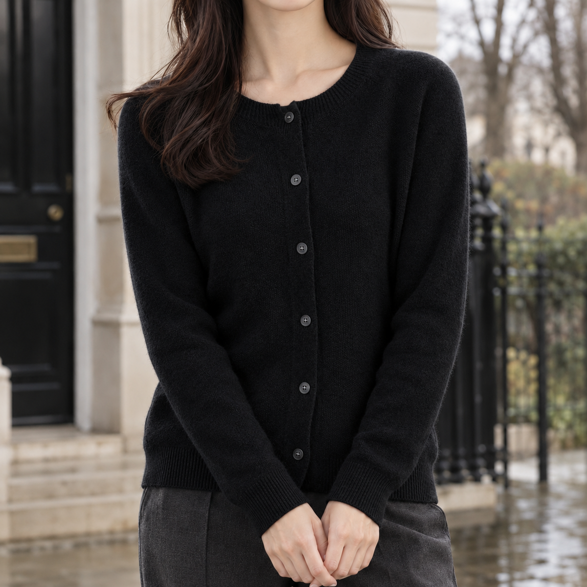 Nadine Round Neck Cardigan - Black