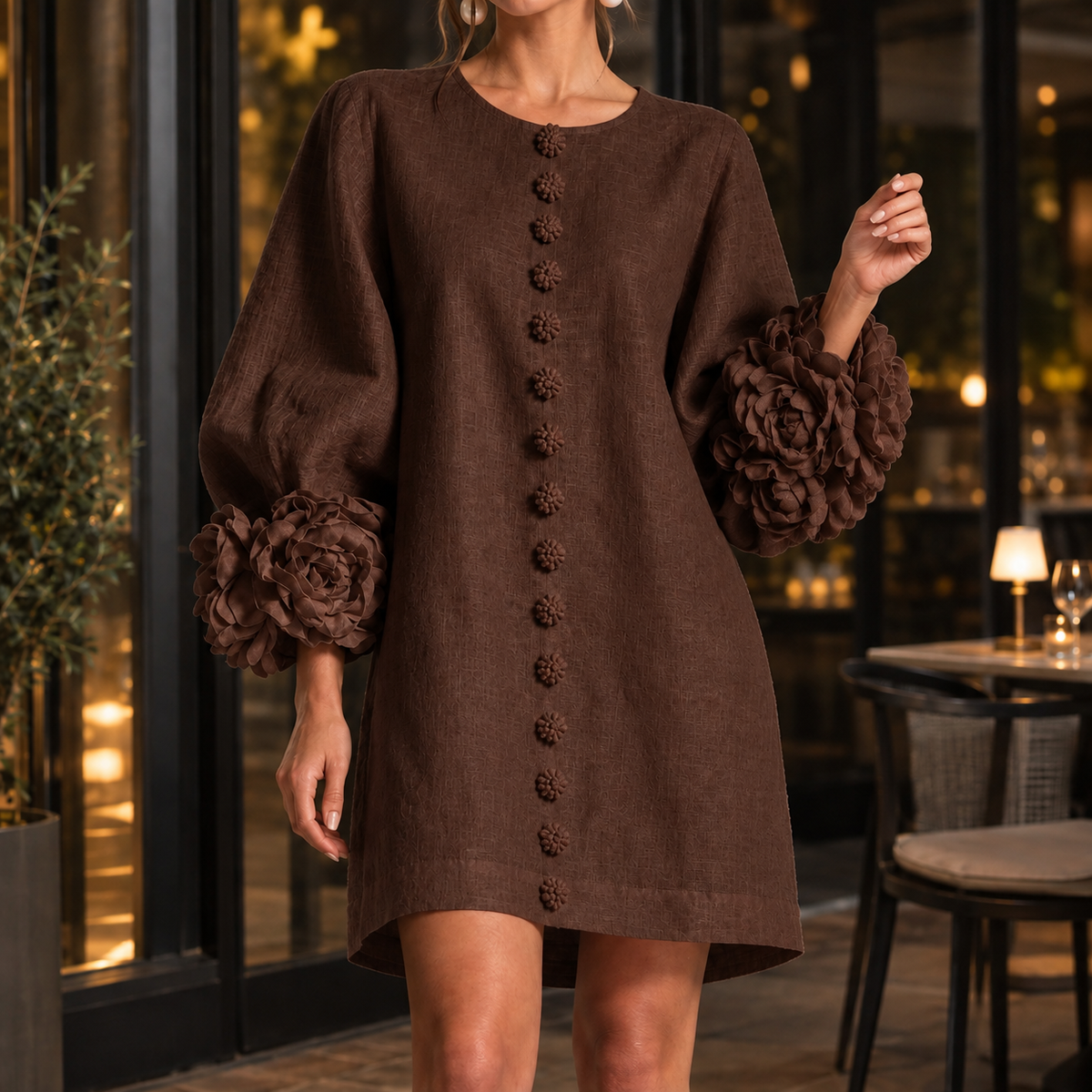 Severine Floral Cuff Dress - Dark Brown