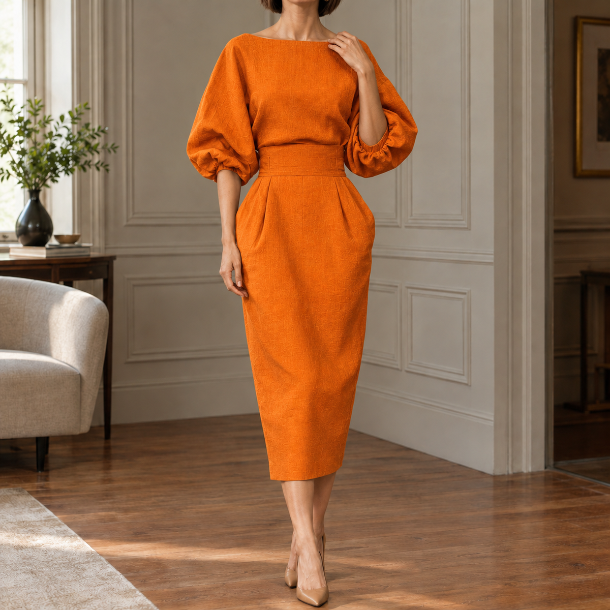 Seraphina Sculpted Midi Dress - Orange