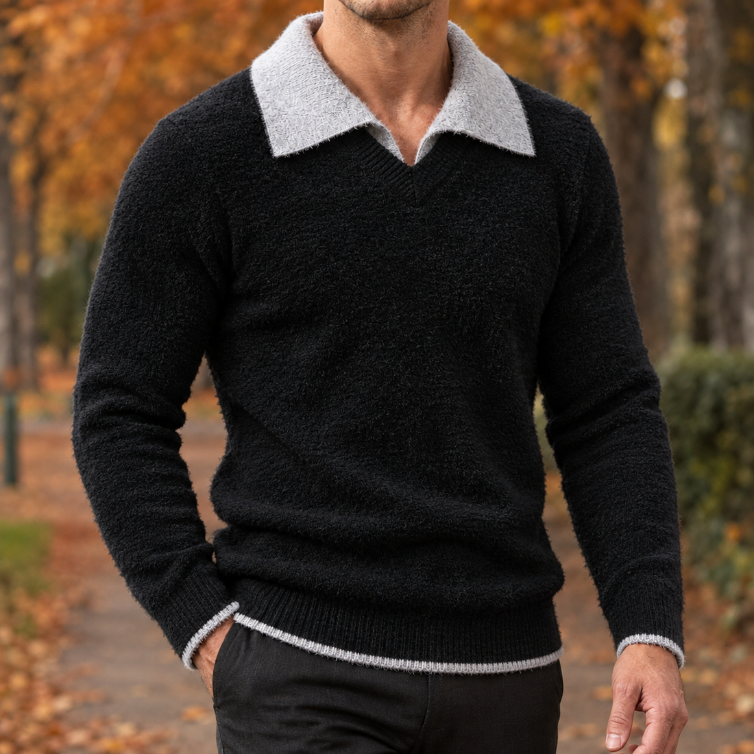 Elliot Contrast Collar Sweater - Black