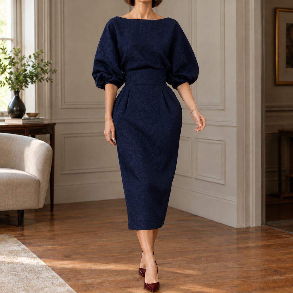 Seraphina Sculpted Midi Dress - Navy Blue