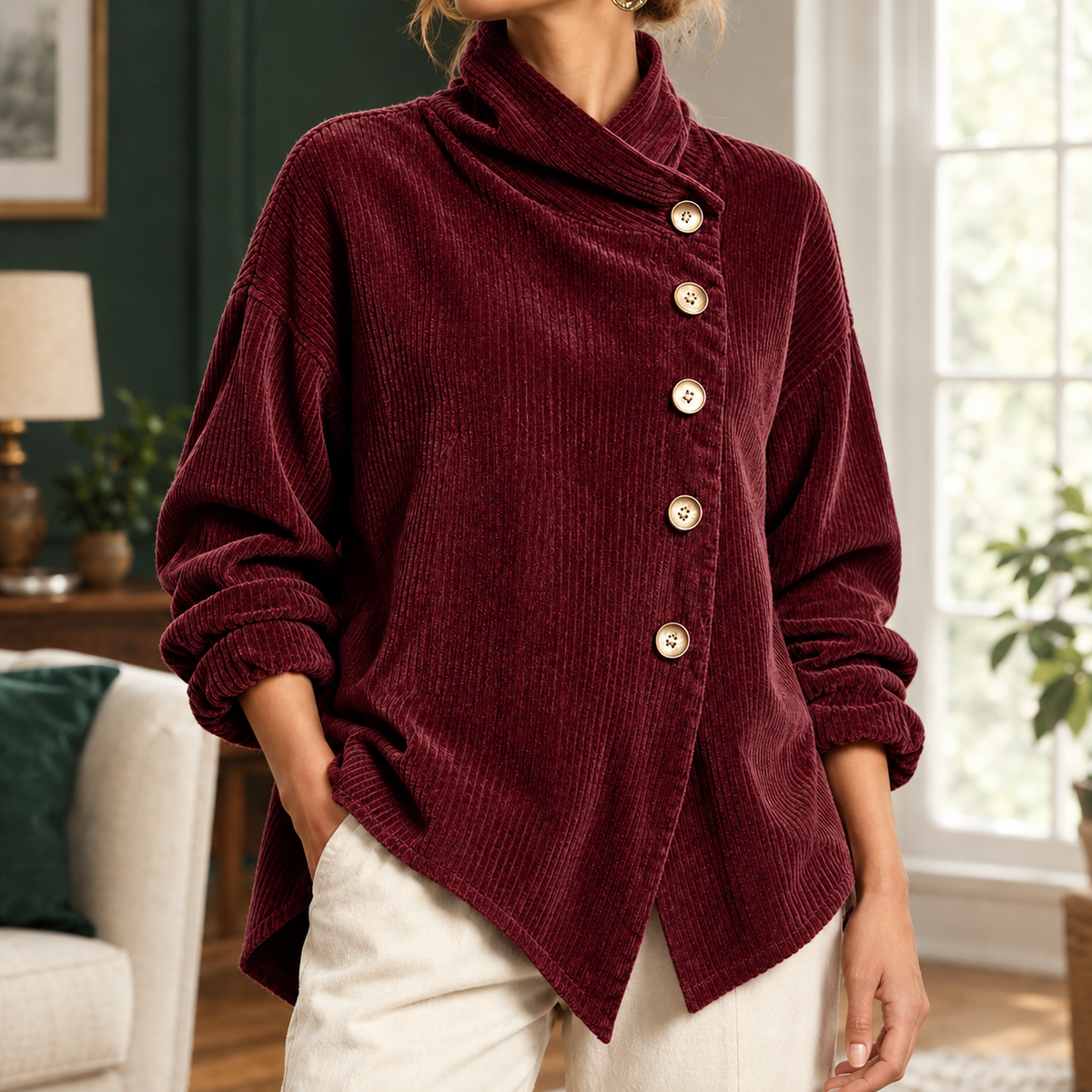 Paige Asymmetric Corduroy Top - Wine Red