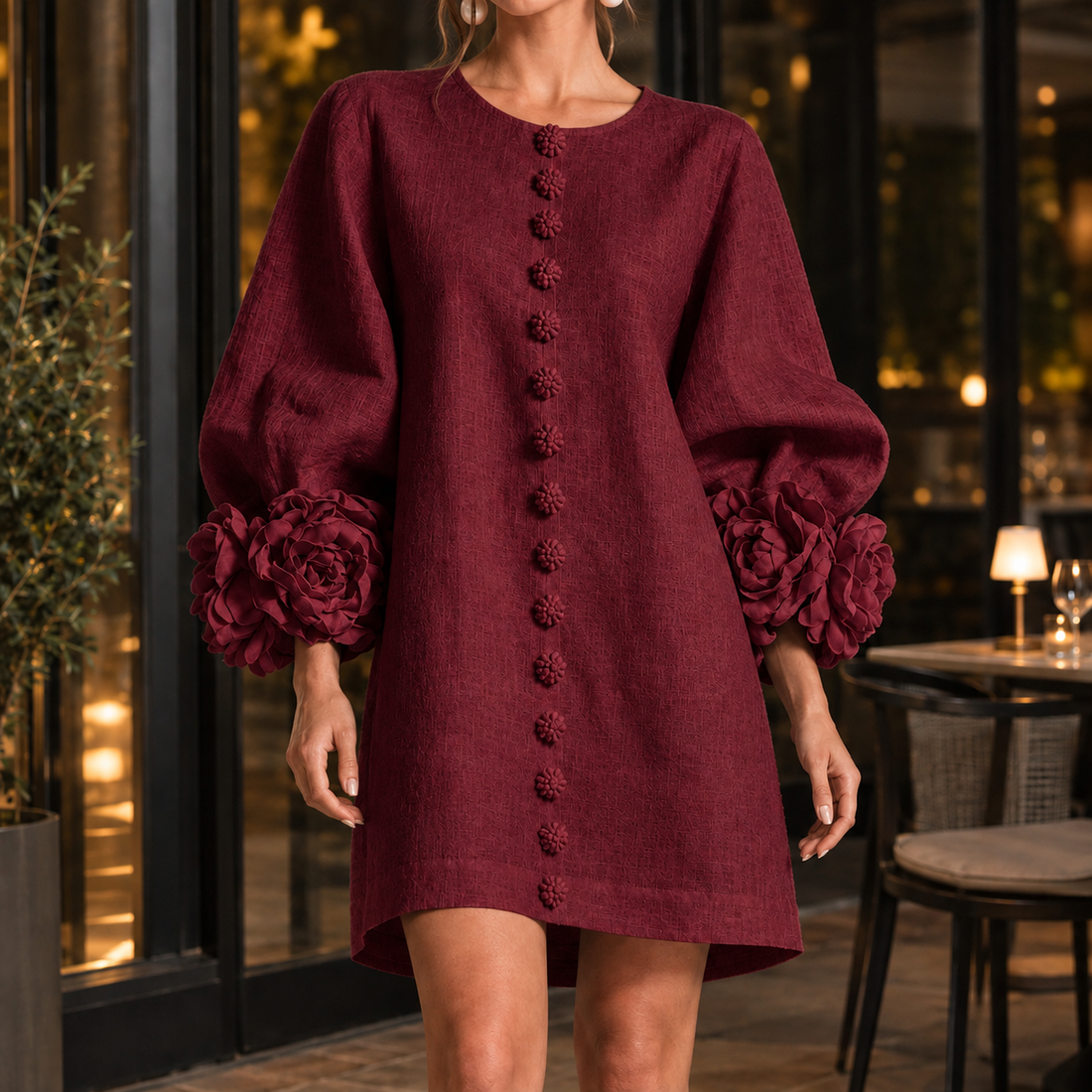 Severine Floral Cuff Dress - Deep Red