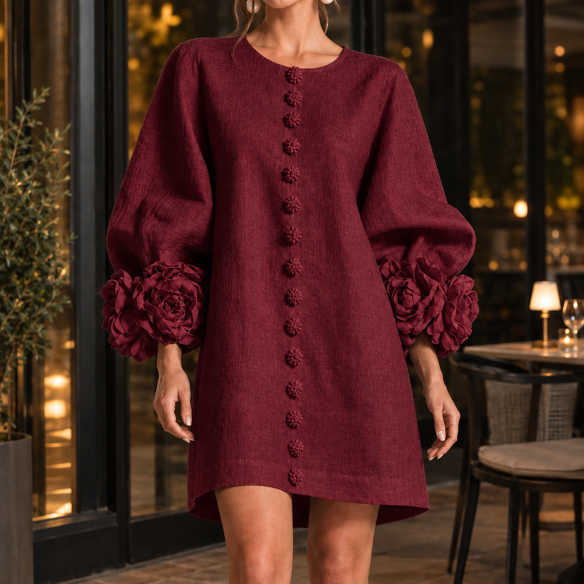 Severine Floral Cuff Dress - Deep Red