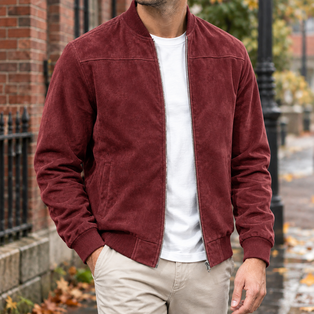 Leander Suede Bomber Jacket - Wine Red