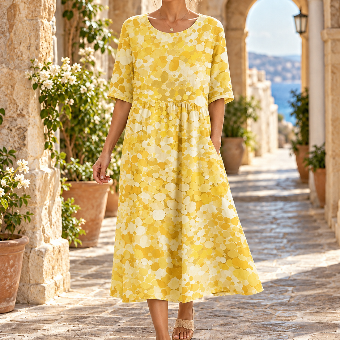 Marissa Gathered Midi Dress - Yellow