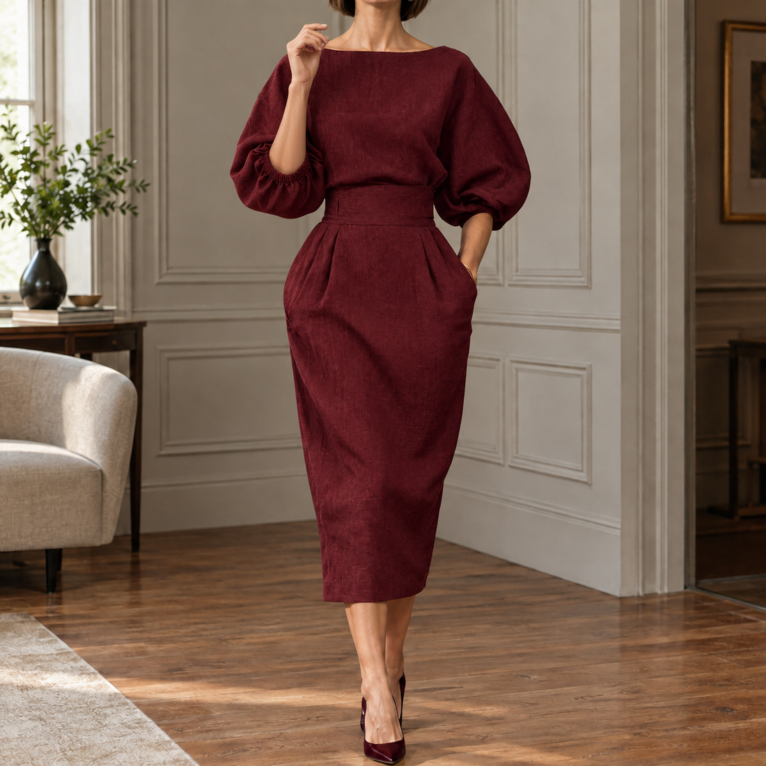 Seraphina Sculpted Midi Dress - Wine Red