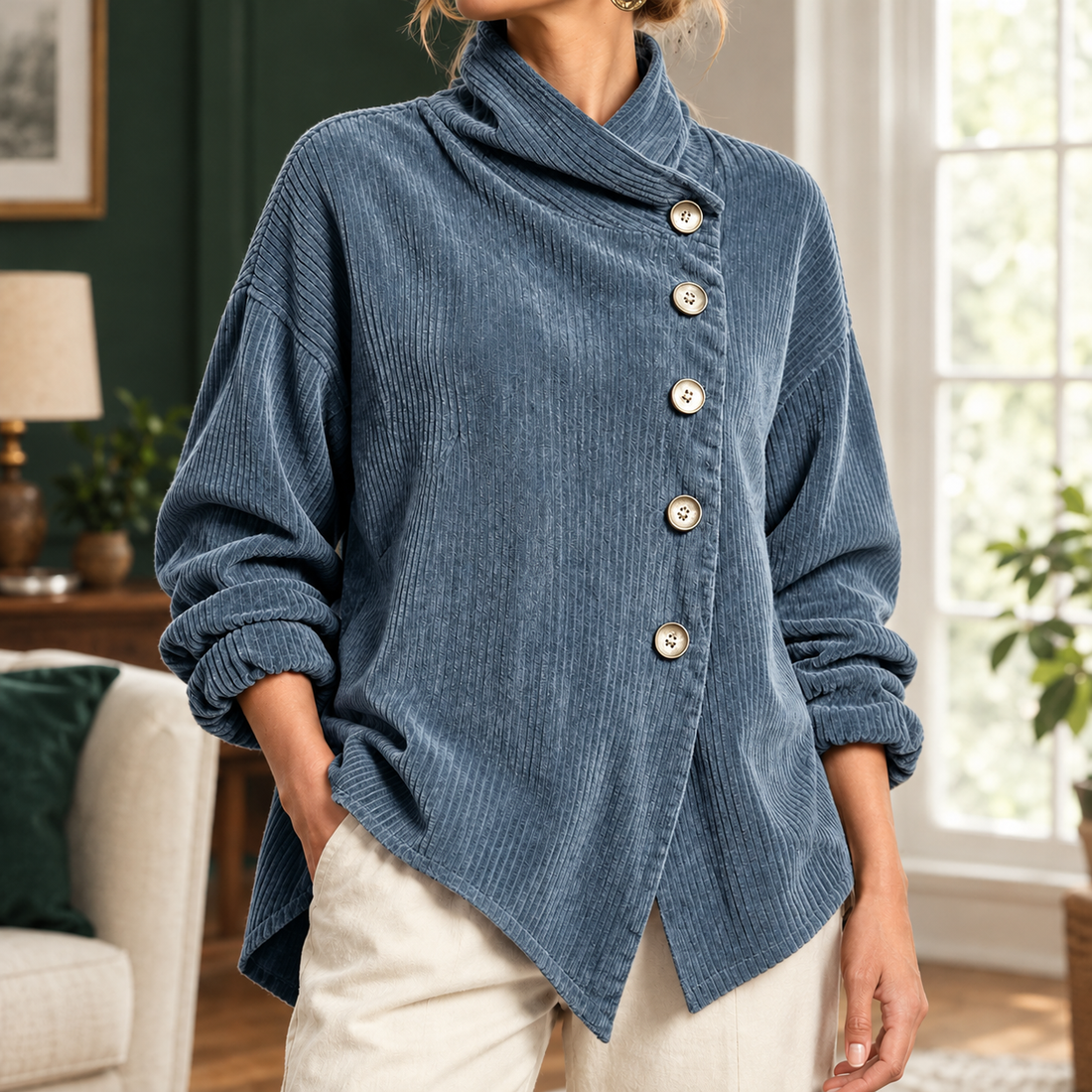 Paige Asymmetric Corduroy Top - Sea Blue