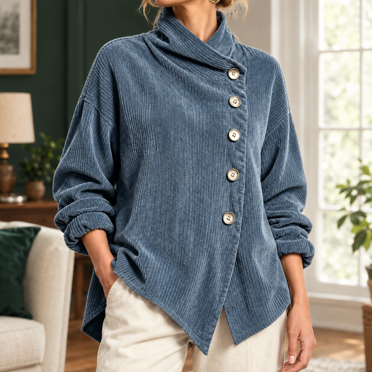 Paige Asymmetric Corduroy Top - Sea Blue