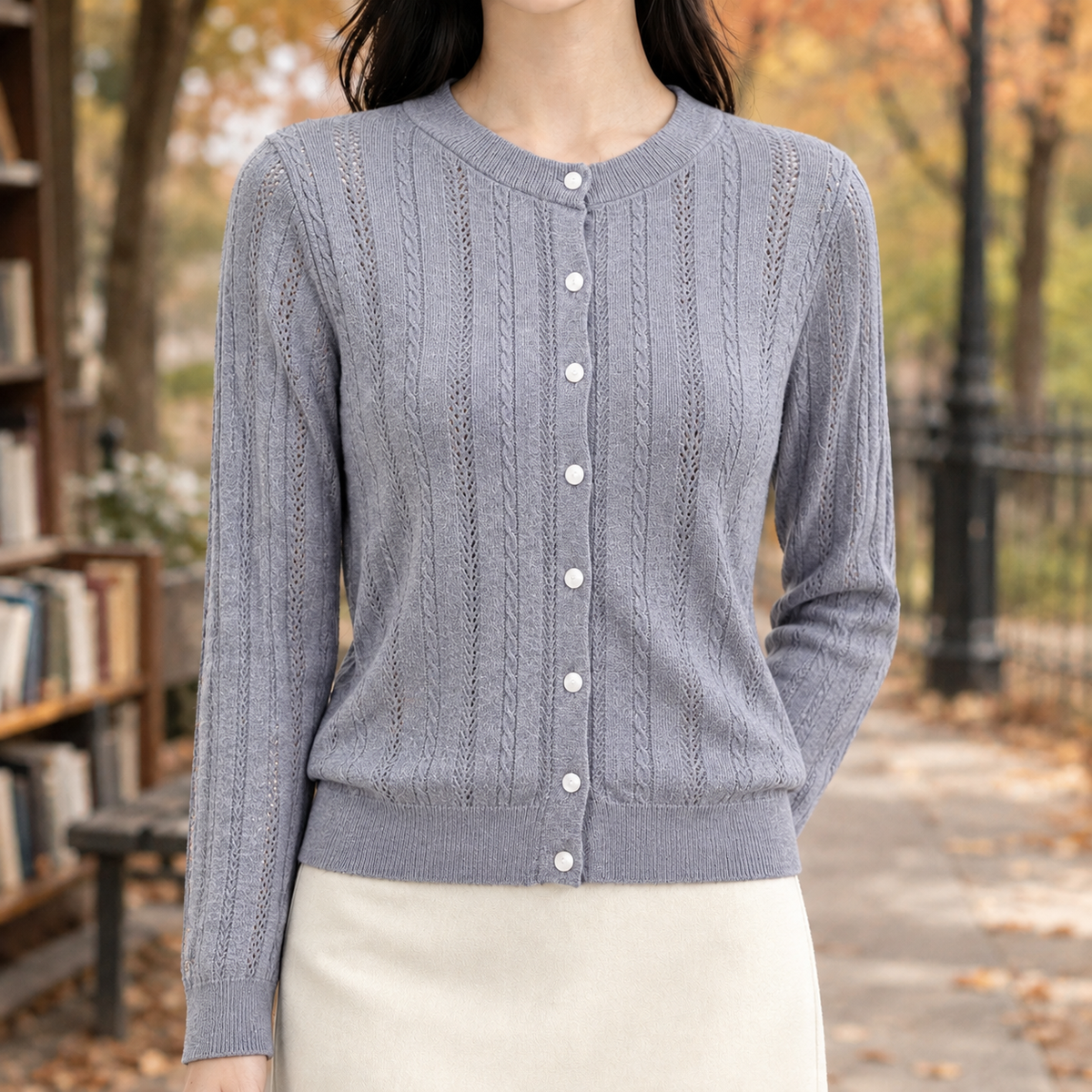 Lorelei Pointelle Cardigan - Light Gray