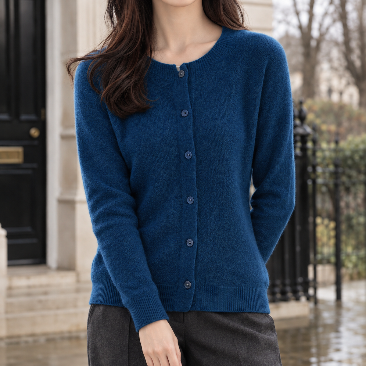 Nadine Round Neck Cardigan - Seaweed Blue