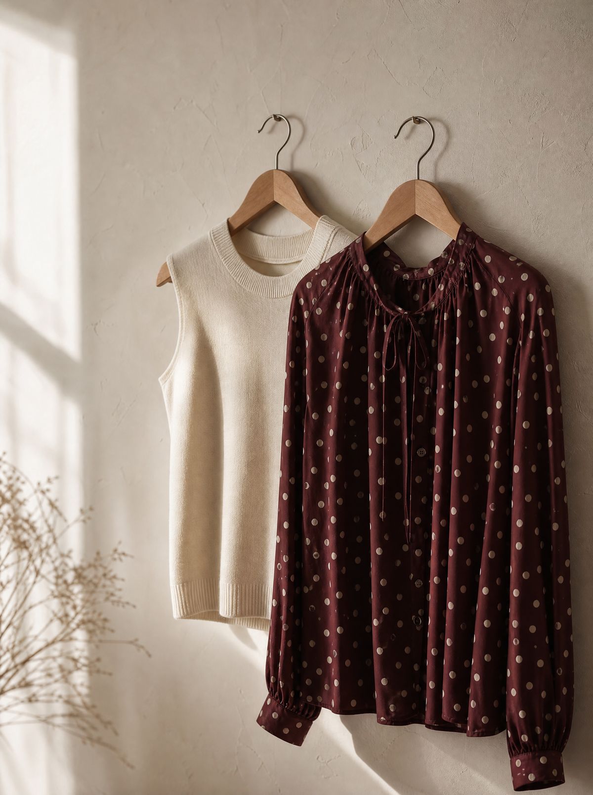 A cream knit top and a burgundy polka dot blouse on wooden hangers