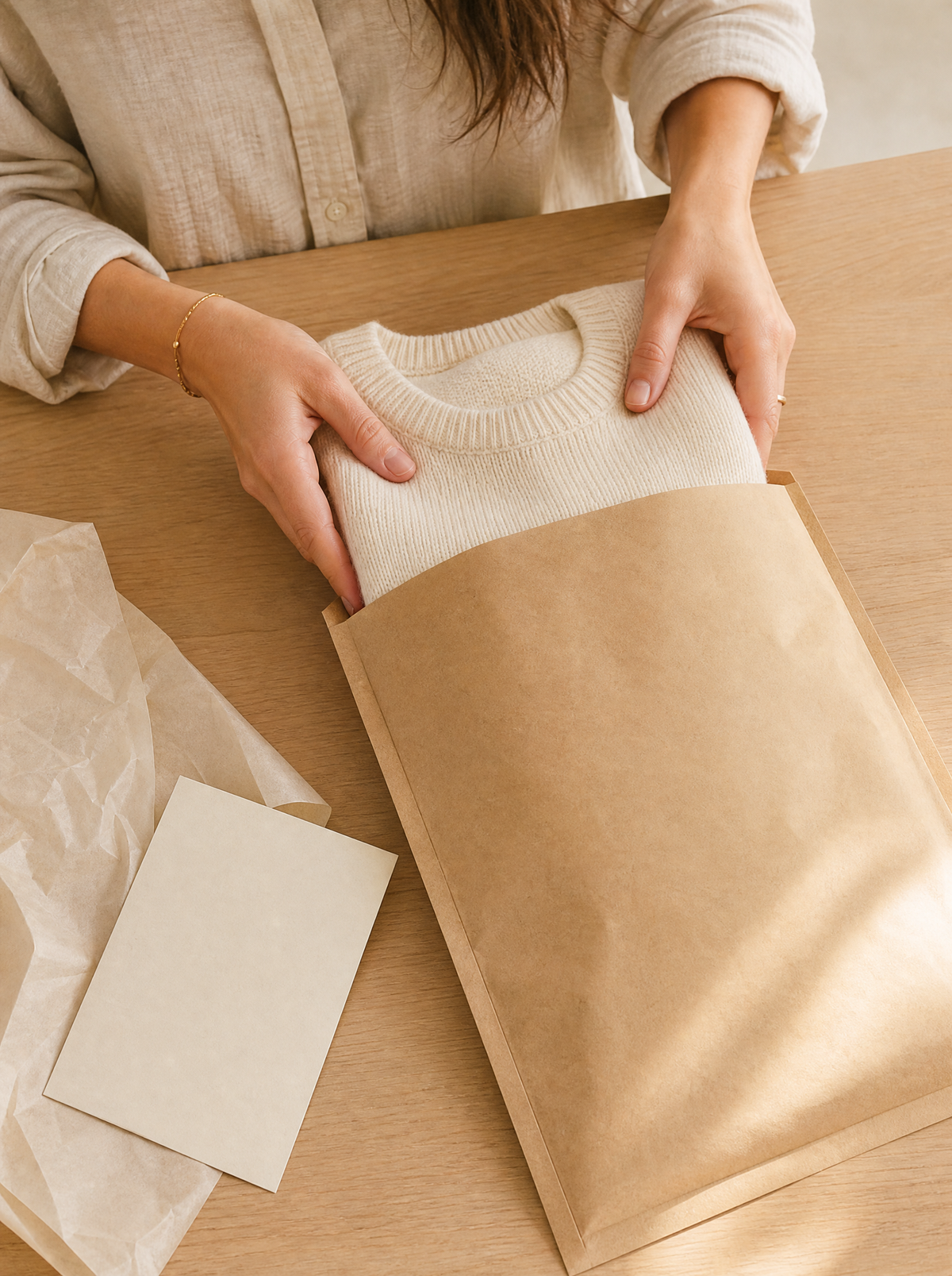 A folded knit top being packed by hand into a kraft paper mailer
