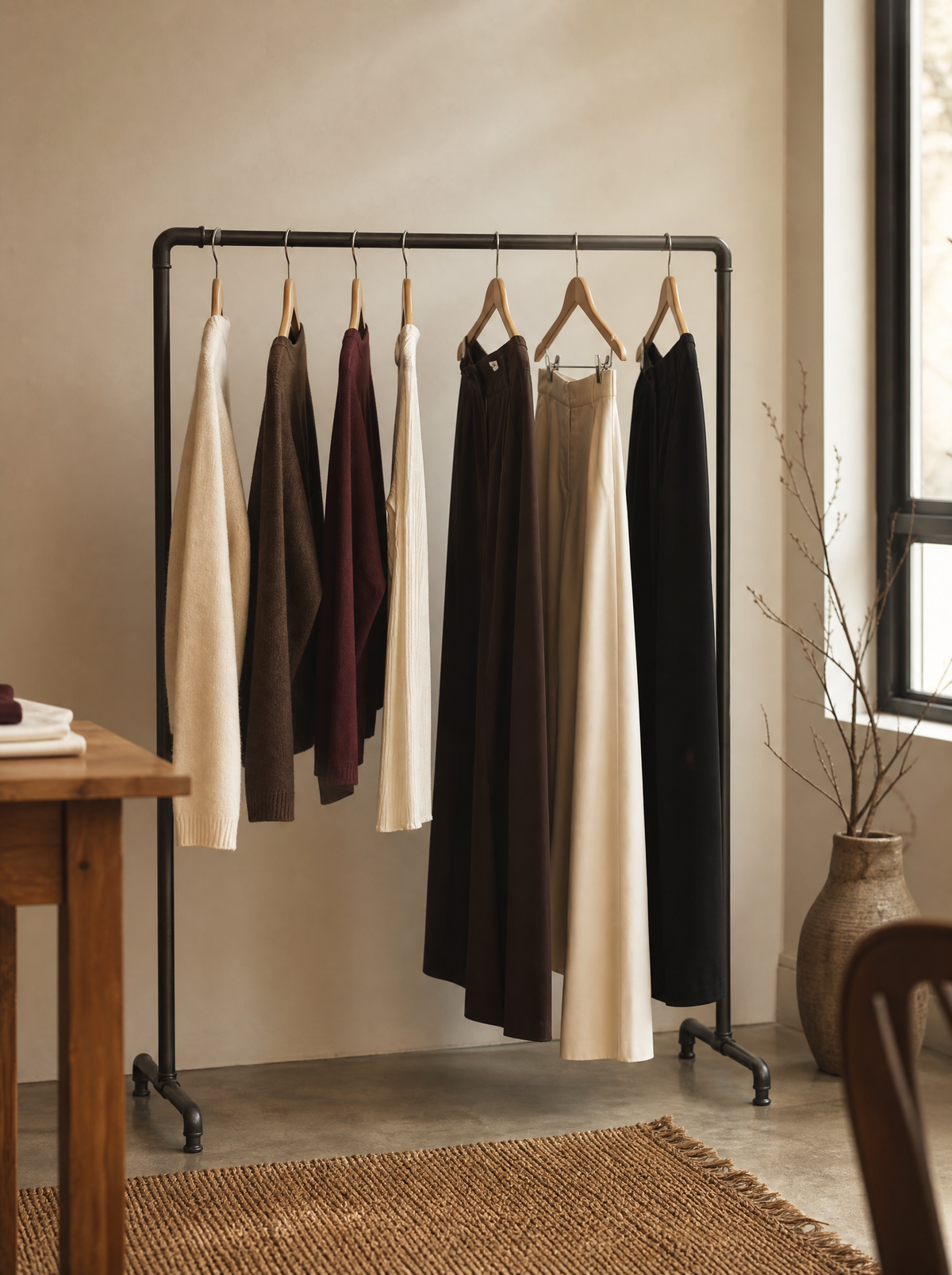 A short rail of womenswear in cream, brown and burgundy