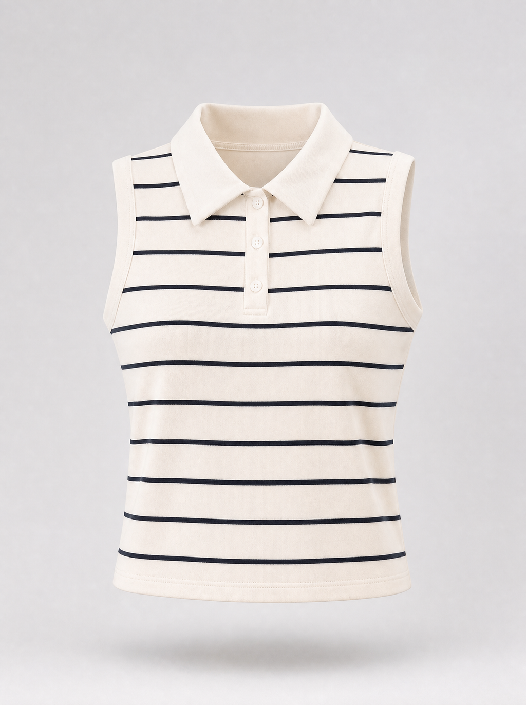 Cream striped sleeveless knit polo top shown on its own against a light grey background