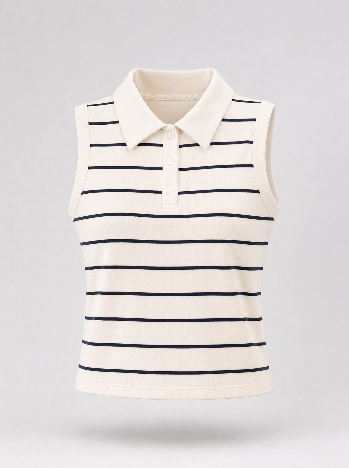 Cream striped sleeveless knit polo top shown on its own against a light grey background