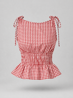 Red gingham tie shoulder peplum top shown on its own against a light grey background