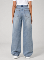 Back view of light wash wide leg jeans showing the back pockets and yoke
