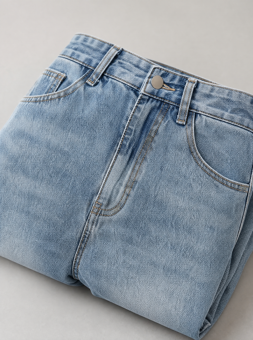 Close up of the waistband, shank button and pocket stitching on light wash jeans