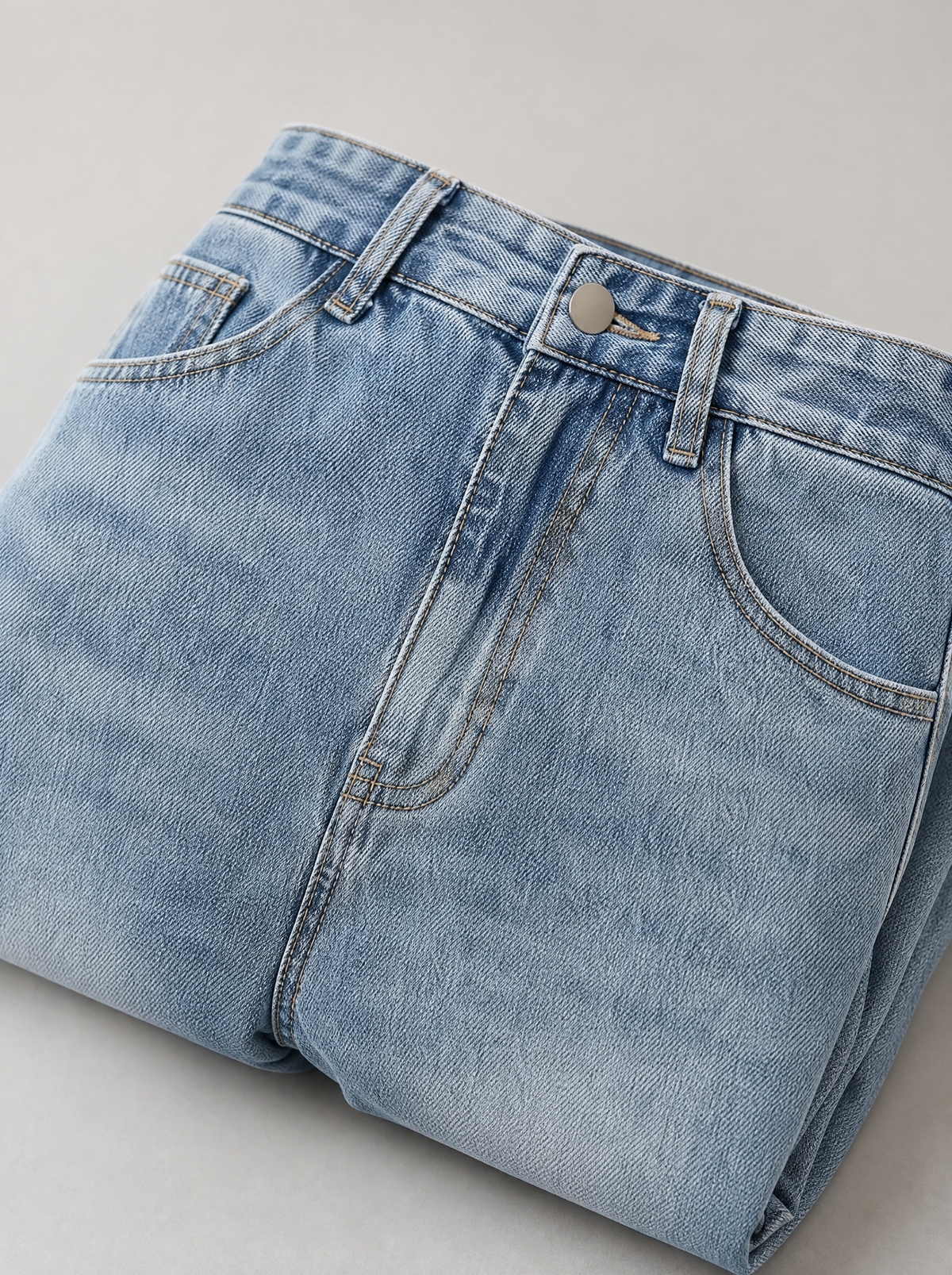 Close up of the waistband, shank button and pocket stitching on light wash jeans