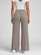 Back view of brown striped rib knit wide leg pants showing the elastic waist