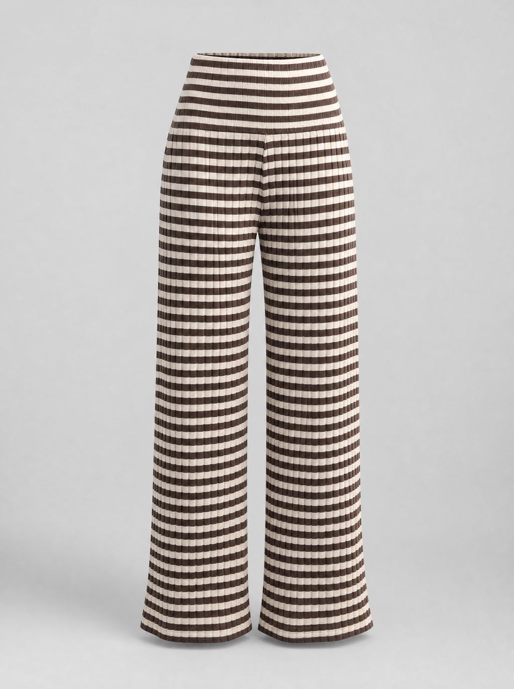 Brown striped rib knit wide leg pants shown on their own against a light grey background
