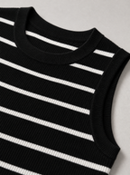 Close up of the ribbed crew neck and stripe on a black knit tank top