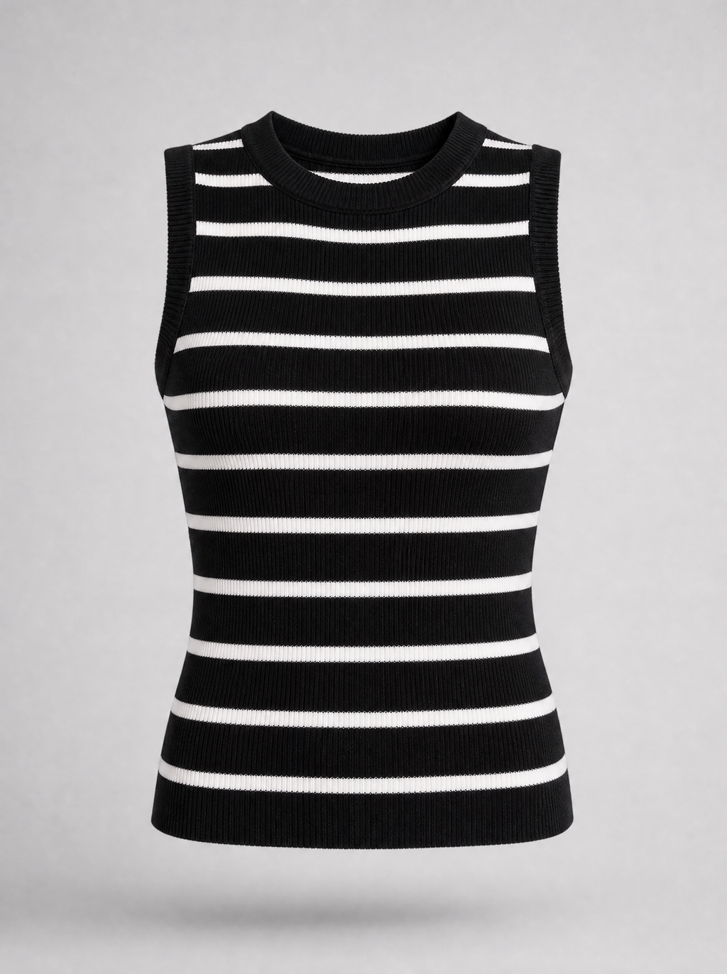 Black and white striped ribbed knit tank top shown on its own against a light grey background