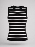 Black and white striped ribbed knit tank top shown on its own against a light grey background