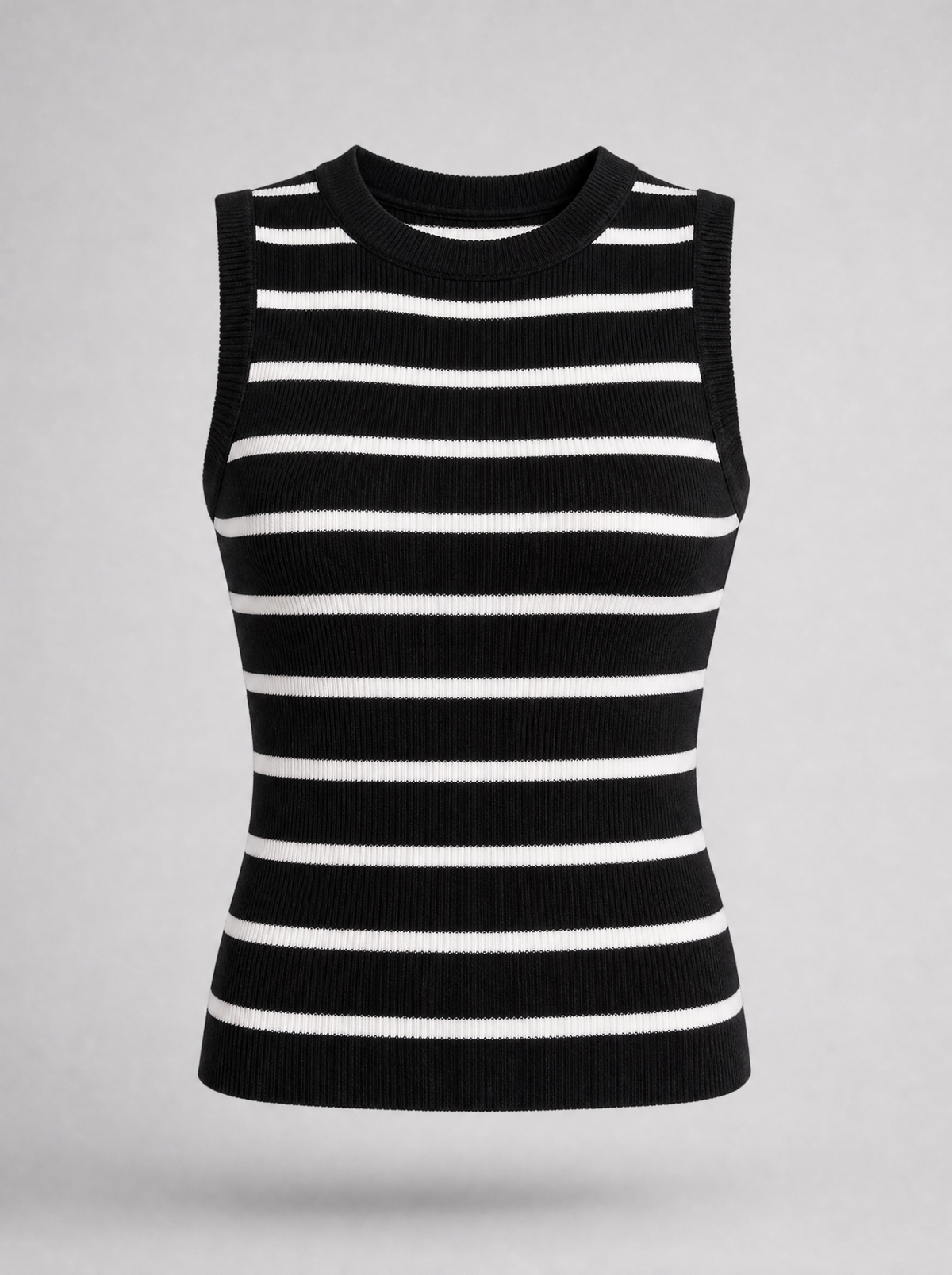 Black and white striped ribbed knit tank top shown on its own against a light grey background