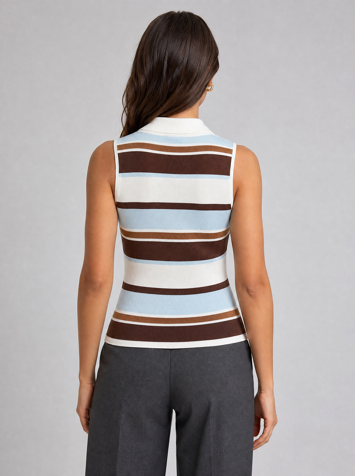 Back view of a striped sleeveless knit polo top showing the collar and shoulder line