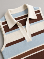 Close up of the knit collar and open placket on a striped sleeveless knit polo top