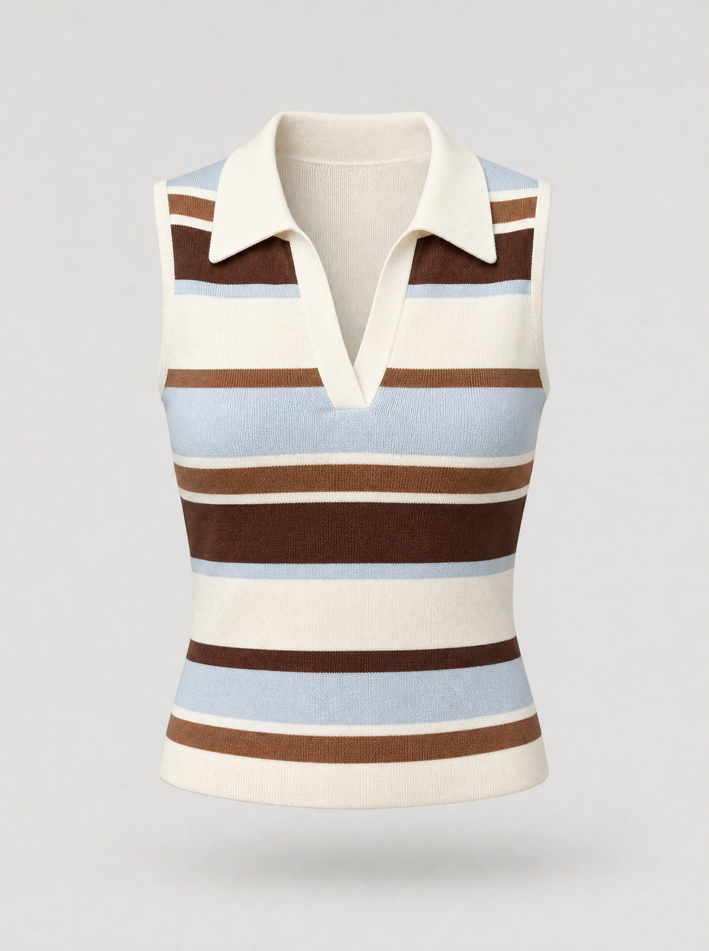Brown striped sleeveless knit polo top shown on its own against a light grey background
