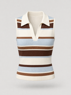 Brown striped sleeveless knit polo top shown on its own against a light grey background