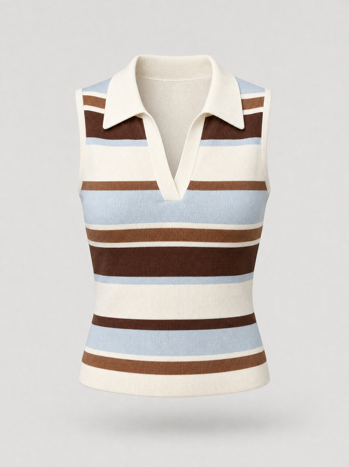Brown striped sleeveless knit polo top shown on its own against a light grey background