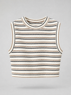 Cream striped sleeveless knit vest shown on its own against a light grey background