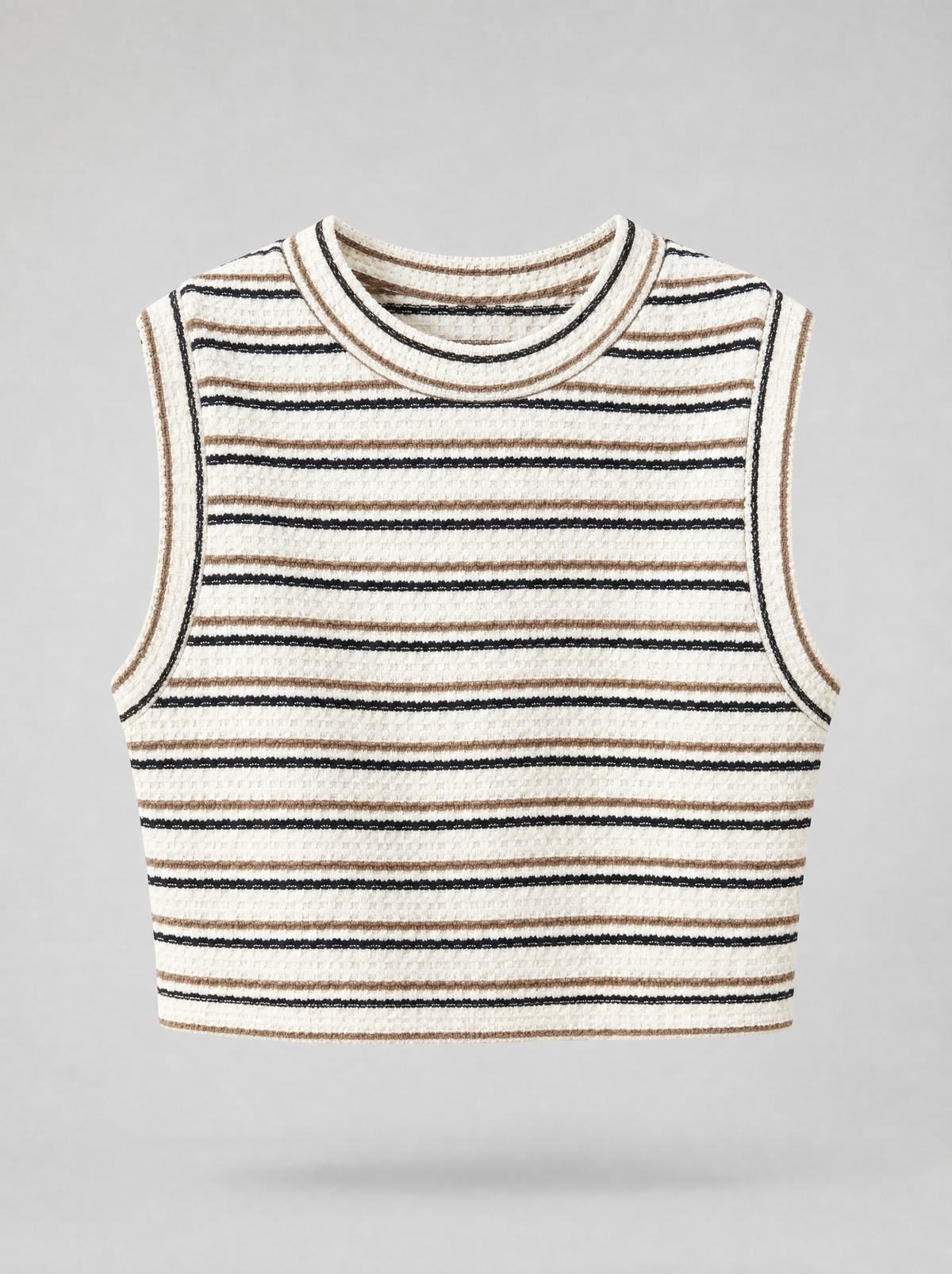 Cream striped sleeveless knit vest shown on its own against a light grey background