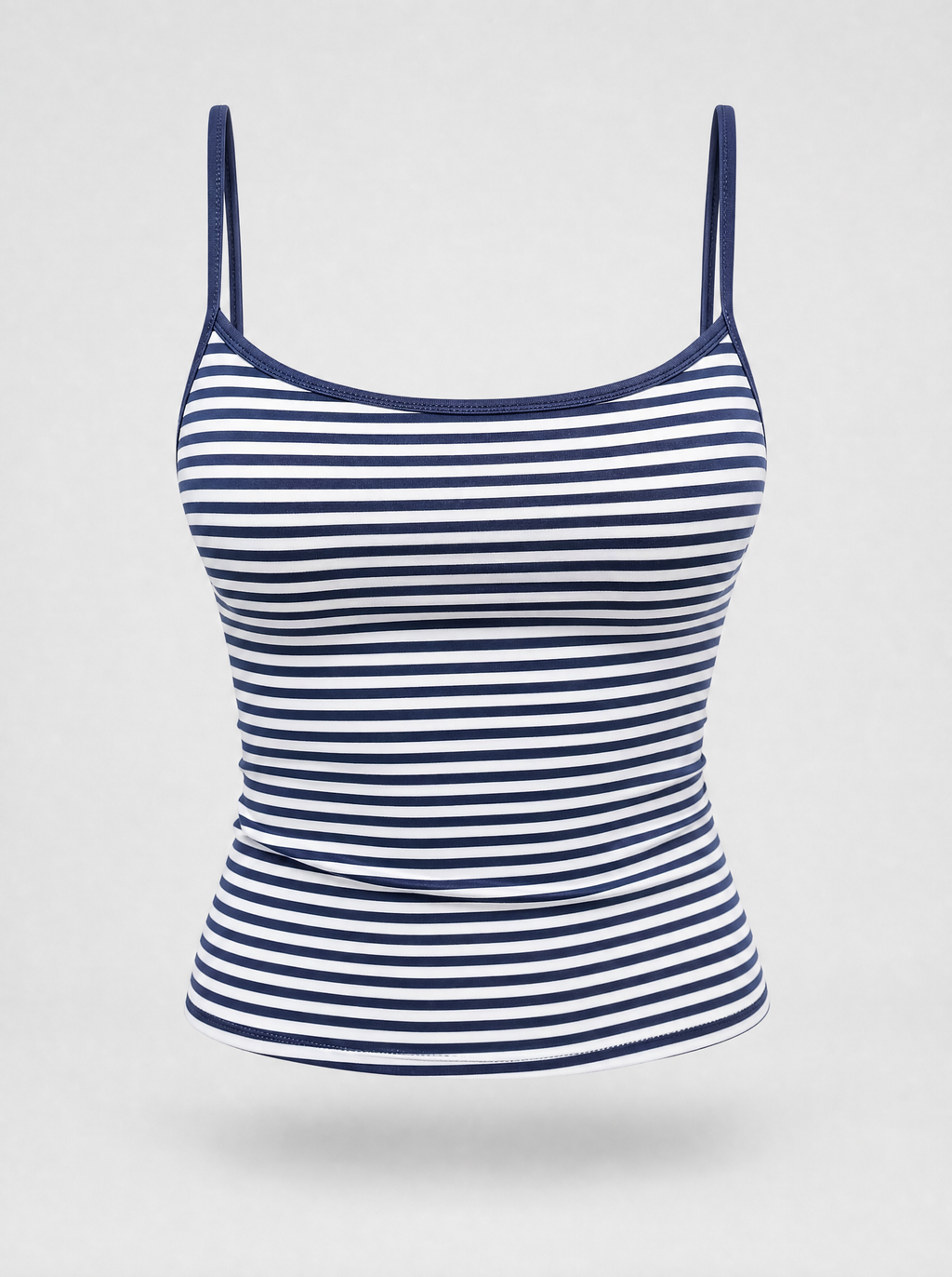 Navy striped thin strap cami top shown on its own against a light grey background